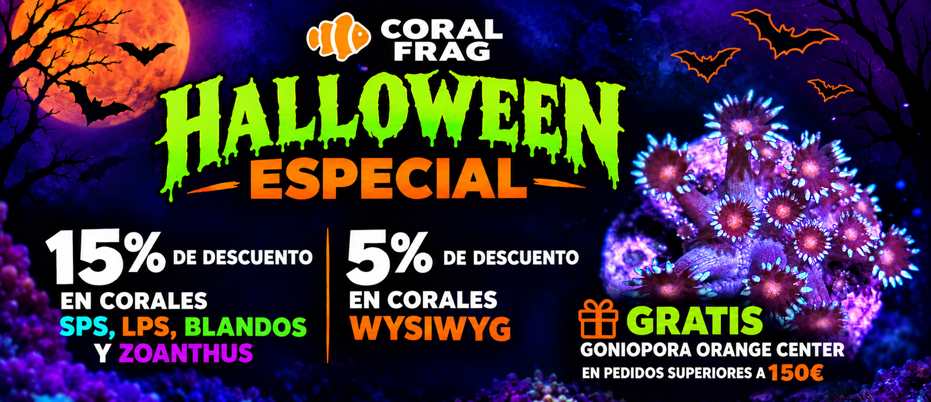 Banner Halloween de Coral y Descuentos